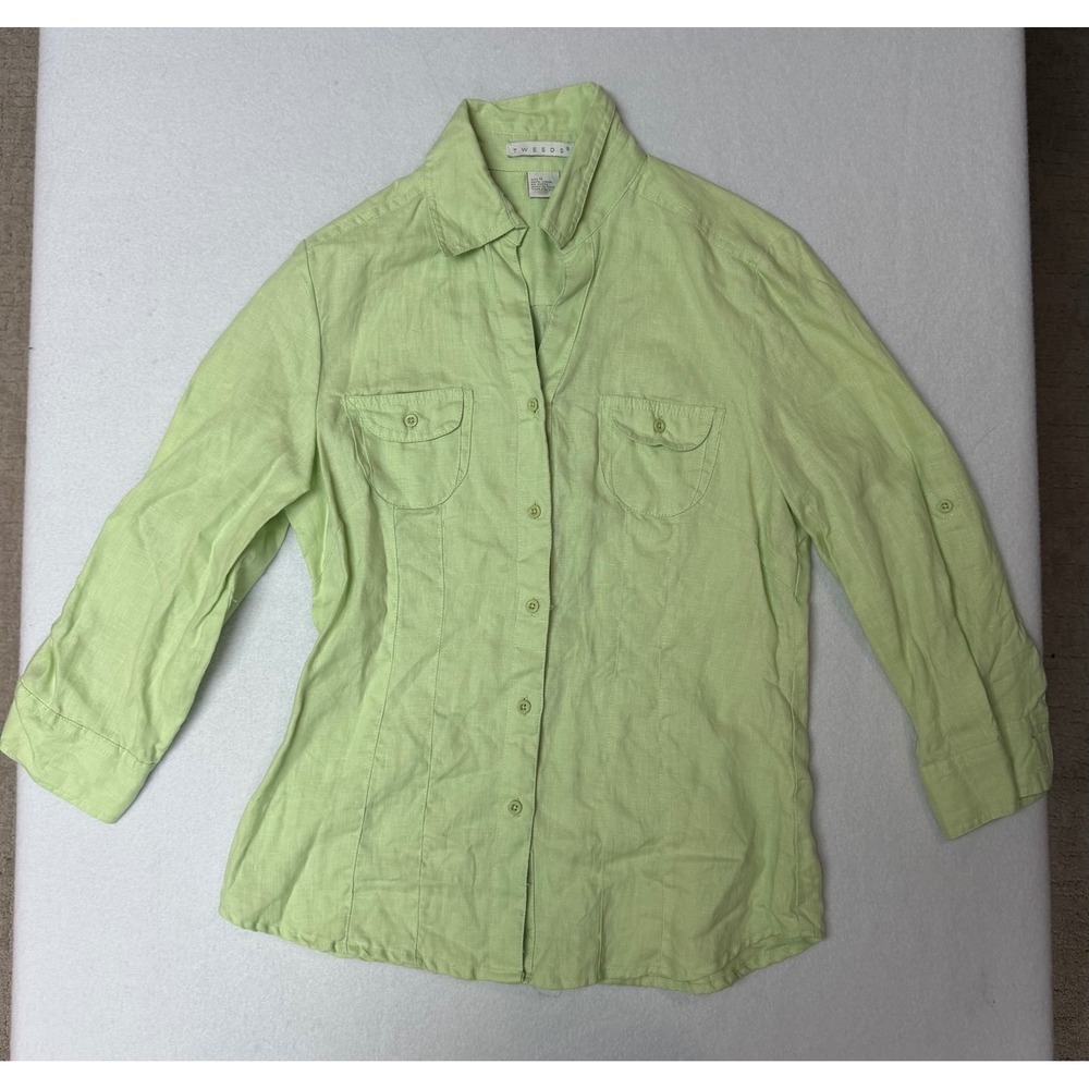 Tweeds Lime Green 100% Linen Button Down Shirt Roll Tab Sleeve Women Small